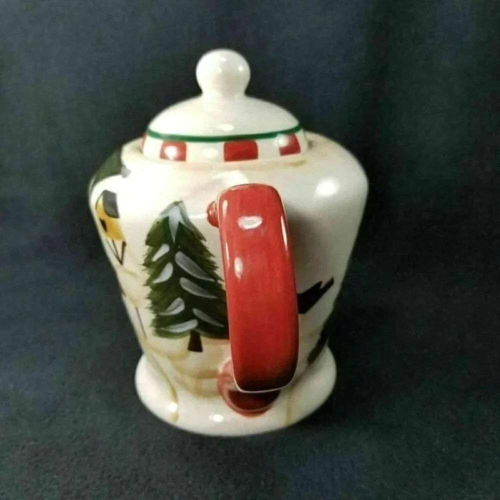 Crazy‎ Mountain Snowman Teapot Trees Birds Birdhouse Red Handle and Spout